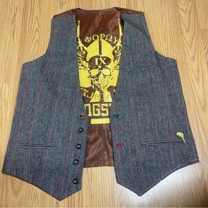 Vintage Brown Wool Vest with Skull Graphic Lining